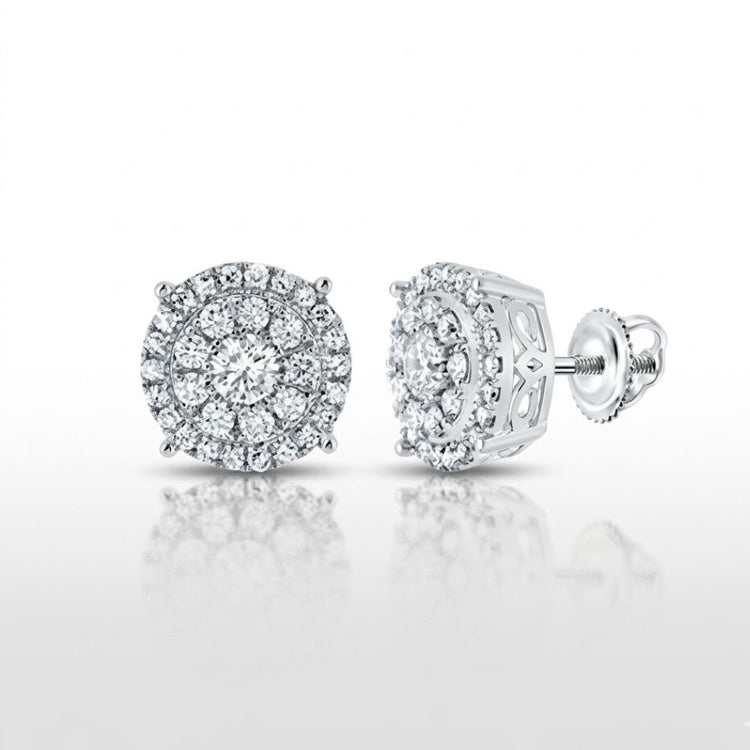 The 14K Gold Round Diamond Cluster Earrings (5/8 Cttw) feature round diamonds in clusters with halos and screw-back clasps, all set in white metal and displayed on a glossy white background.
