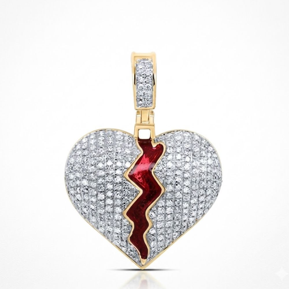 The 10K Gold Diamond Split Heart Charm Pendant 0.75 CTW is encrusted with diamonds and features a jagged red line down the center, creating a striking broken heart design.
