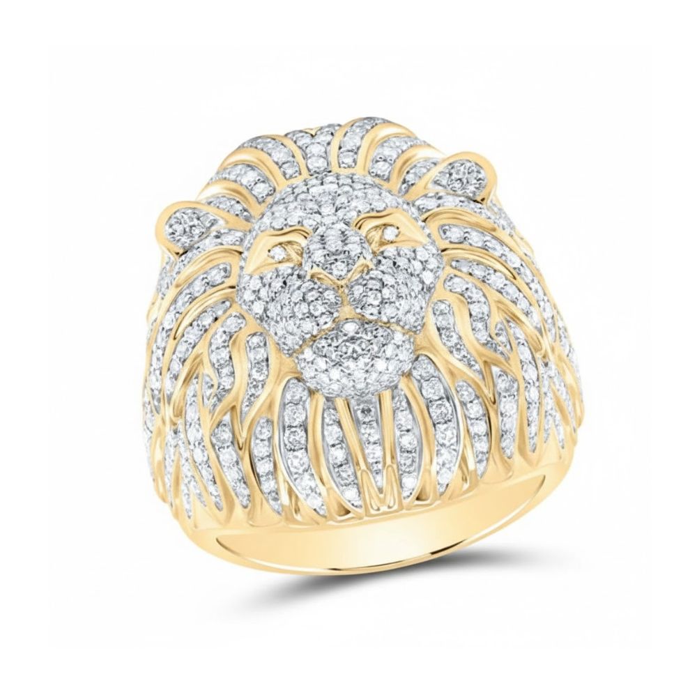 The 1 3/4CTW Lion Face Diamond Men’s Ring in 10k gold features a detailed lion's head design set with sparkling diamonds on the face and mane, making it a bold statement piece.