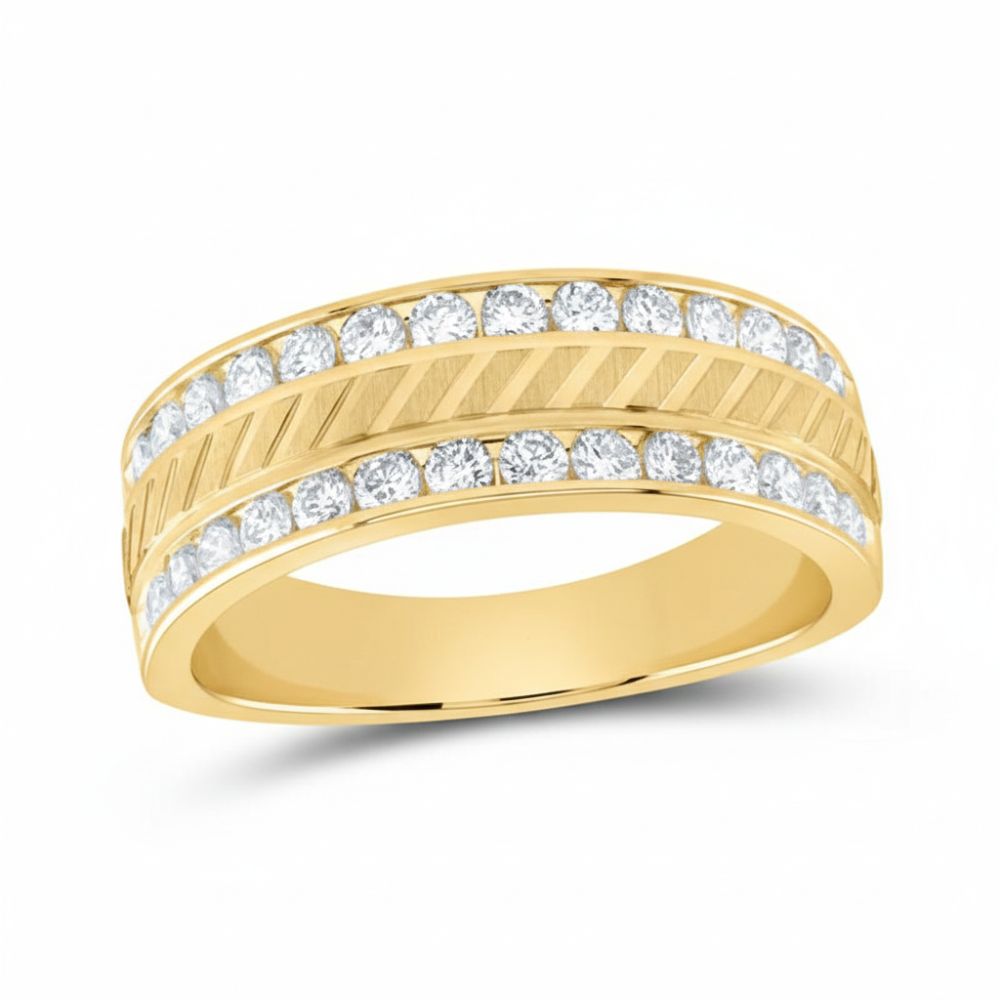 The 14k Yellow Gold Diamond Wedding Band Ring 1 Ctw features two rows of round white diamonds along the edges and a raised, textured center band with diagonal grooves.