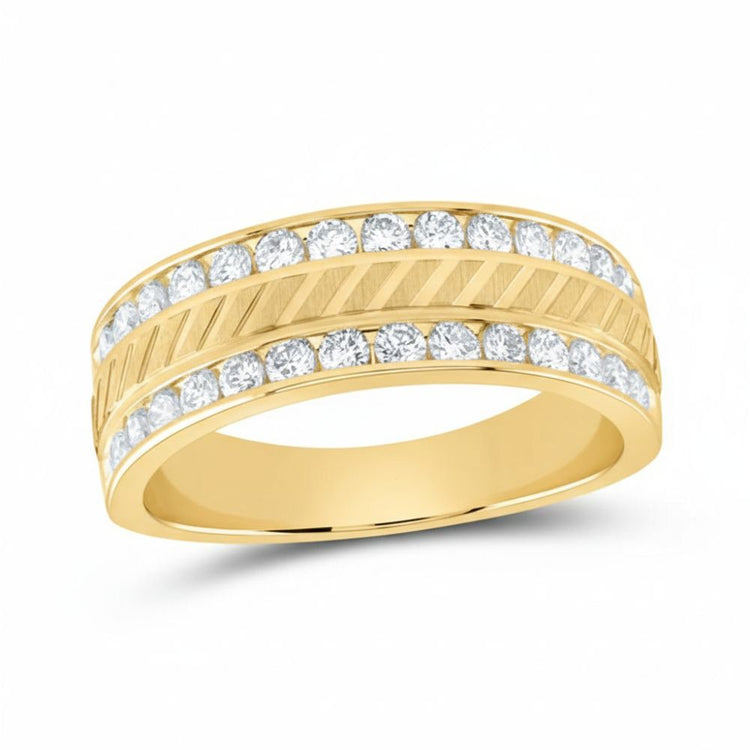 The 14k Yellow Gold Diamond Wedding Band Ring 1 Ctw features two rows of round white diamonds along the edges and a raised, textured center band with diagonal grooves.