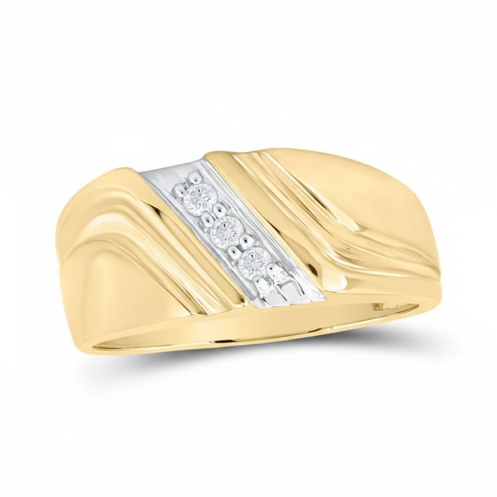 The 10k Yellow Gold Single Row Diamond Wedding Band features a sleek, modern design with a central silver strip and three round channel-set diamonds for a stunning contemporary look.