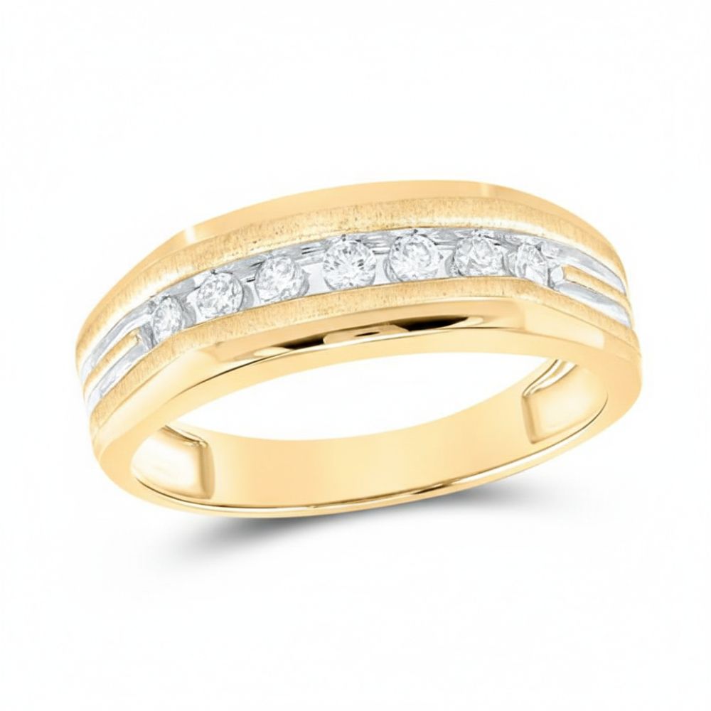 The 10k Two-Tone Gold Diamond Grooved Wedding Band 1/4 Cttw features a central row of round diamonds set between polished and brushed gold bands, making it a timeless diamond wedding band. Displayed on a white background.