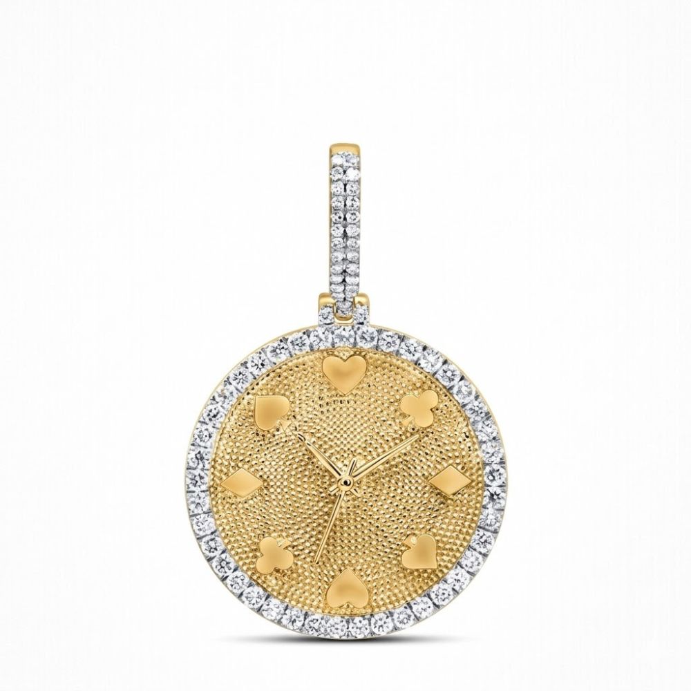 The 10K Gold Diamond Poker Clock Pendant 7/8CTW for men features heart and diamond hour markers, a clear gemstone border, and a gemstone-encrusted bail, all crafted in yellow gold.