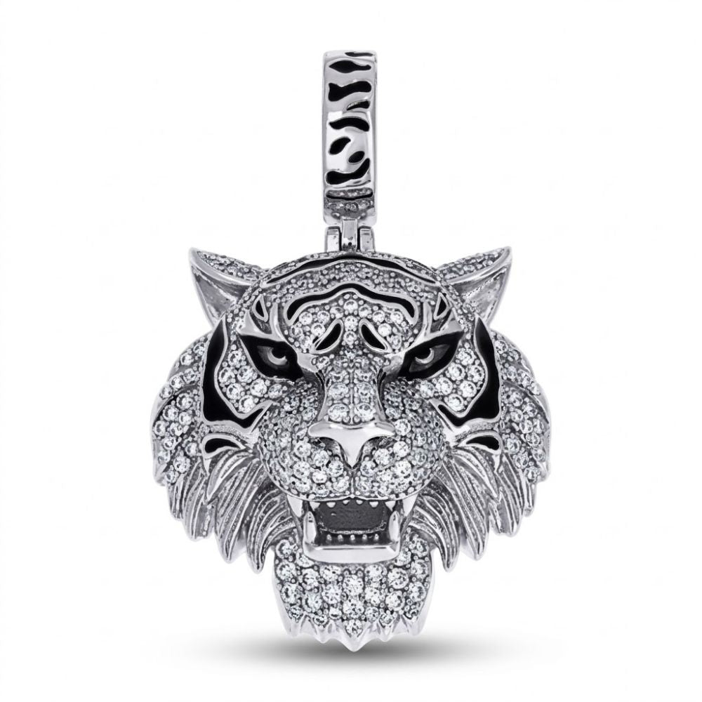 The Sterling Silver Moissanite Tiger Head Pendant features a roaring tiger’s head design with sparkling moissanite stones and black enamel accents—ideal for those seeking bold wildlife-inspired jewelry.
