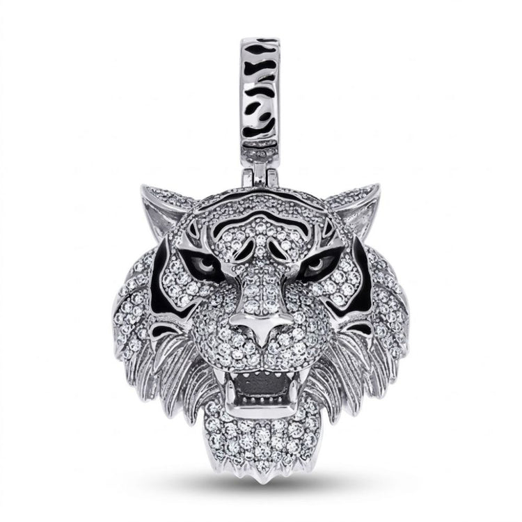 The Sterling Silver Moissanite Tiger Head Pendant features a roaring tiger’s head design with sparkling moissanite stones and black enamel accents—ideal for those seeking bold wildlife-inspired jewelry.