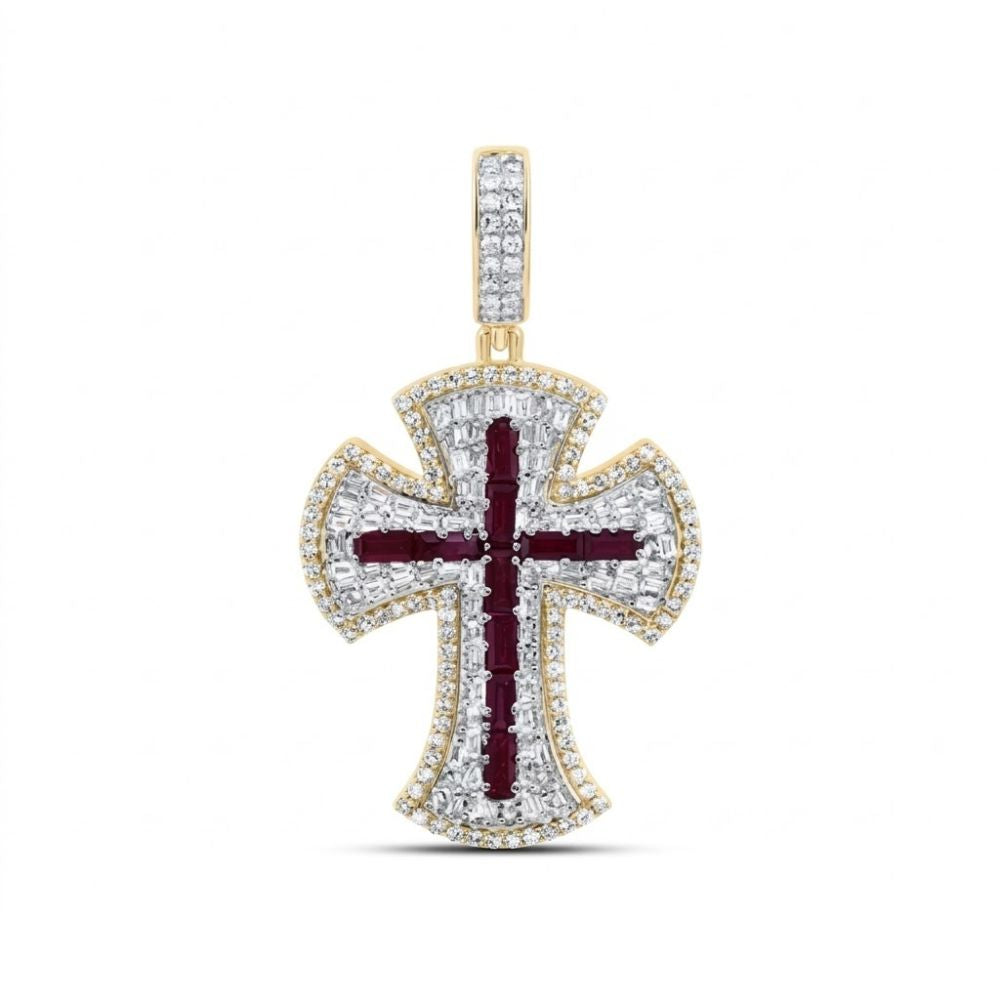 The Diamond Ruby Cross Charm 1CTW 10K Gold features a men’s ruby centerpiece, surrounded by natural diamonds and set in 10K yellow gold, displayed against a white background.