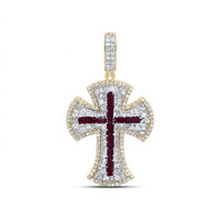 The Diamond Ruby Cross Charm 1CTW 10K Gold features a men’s ruby centerpiece, surrounded by natural diamonds and set in 10K yellow gold, displayed against a white background.