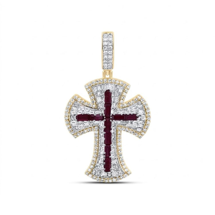 The Diamond Ruby Cross Charm 1CTW 10K Gold features a men’s ruby centerpiece, surrounded by natural diamonds and set in 10K yellow gold, displayed against a white background.