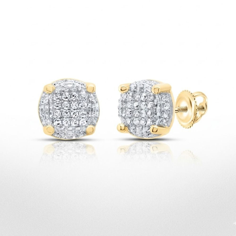 The 10K Yellow Gold Diamond Cluster Earrings 1/10 CTTW feature square clusters of small round diamonds and secure screw-back posts, shown against a white background.