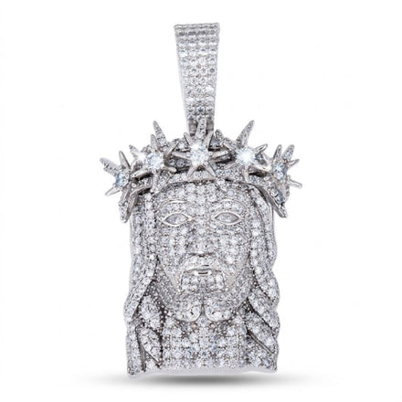 The 925 Silver Men Moissanite Jesus Pendant features a detailed face with a beard, long hair, and spiked crown, all sparkling with moissanite stones—creating a striking religious statement against a plain white background.