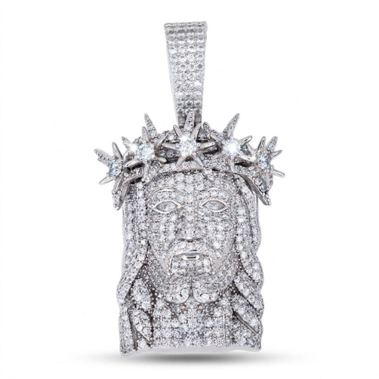 The 925 Silver Men Moissanite Jesus Pendant features a detailed face with a beard, long hair, and spiked crown, all sparkling with moissanite stones—creating a striking religious statement against a plain white background.