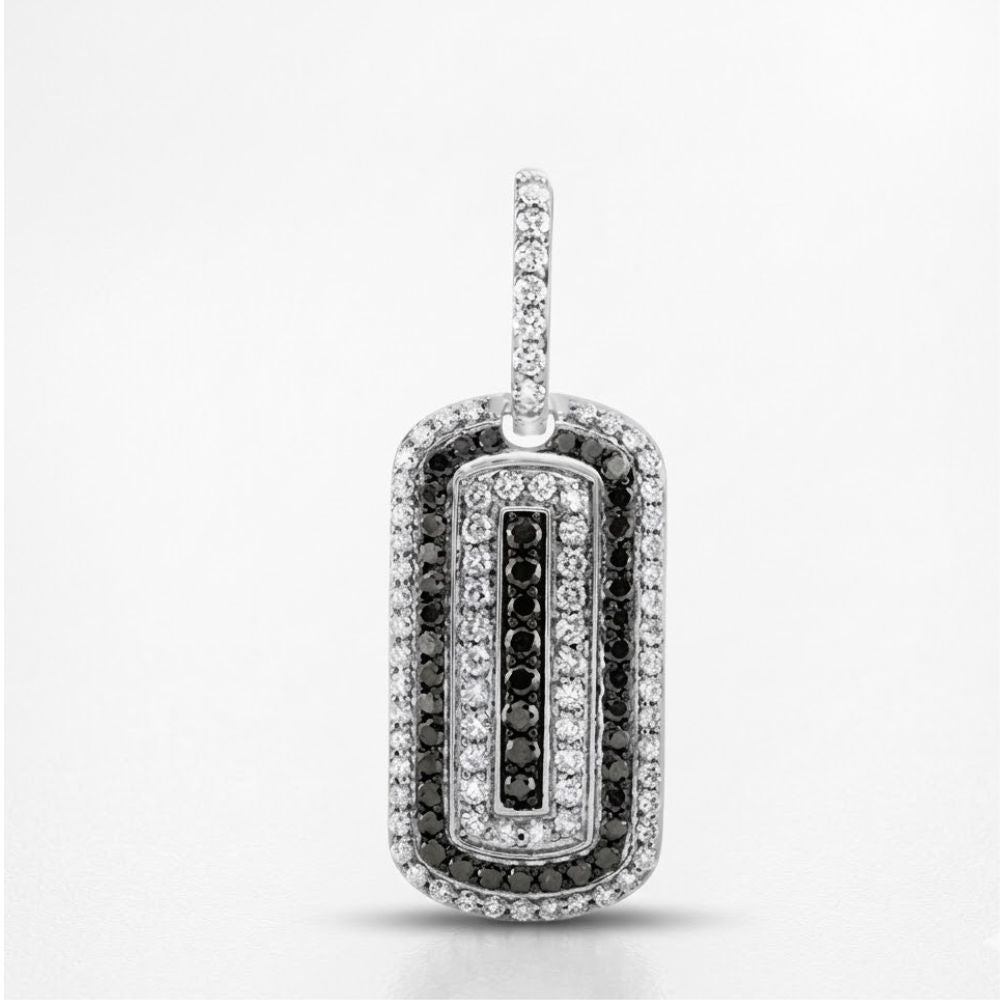 The 1 1/3CTW Natural Diamond Dog Tag Charm in 10K white gold features alternating rows of black and white diamonds in a rounded-edge rectangular design with a diamond bail, shown against a plain white background.