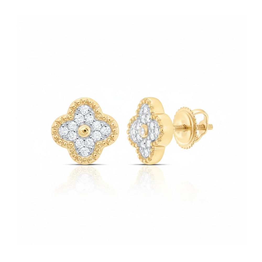 The 14k Yellow Gold Diamond Clover Earrings 1/6 Cttw feature four-leaf clover shapes with natural diamonds and beaded edges, displayed from the front and side on a white background.