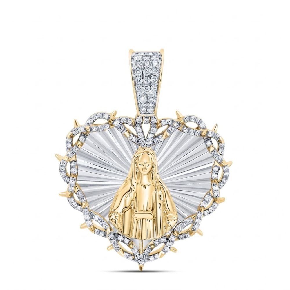 The 3/4 CTW Diamond Mother Mary Heart Charm in 10K gold features a heart-shaped design, diamond accents, and a gemstone-encrusted bail for added brilliance—a perfect men's religious pendant with radiant detail.