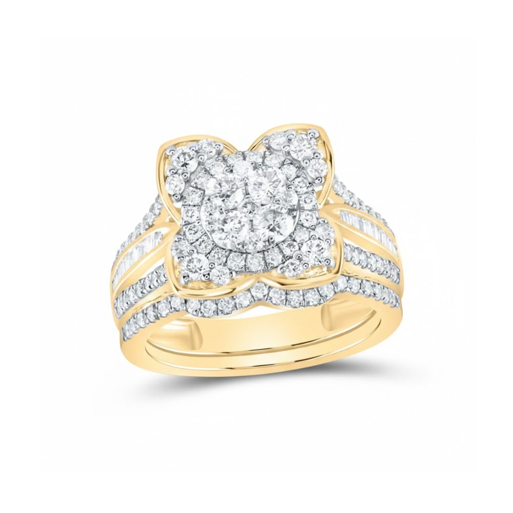 The 1 1/3CTW Natural Diamond Flower Bridal Set in 14k Gold features a striking, multi-layered floral cluster of round diamonds, with additional diamonds on the band and petals—an exquisite choice for a bridal set.