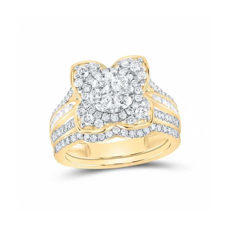 The 1 1/3CTW Natural Diamond Flower Bridal Set in 14k Gold features a striking, multi-layered floral cluster of round diamonds, with additional diamonds on the band and petals—an exquisite choice for a bridal set.