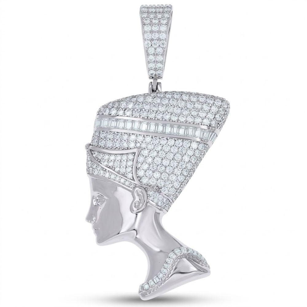 The Sterling Silver Moissanite Nefertiti Pendant for Men features an ancient Egyptian queen’s profile, crafted in 925 silver and accented with sparkling stones—an exquisite piece of men’s jewelry.