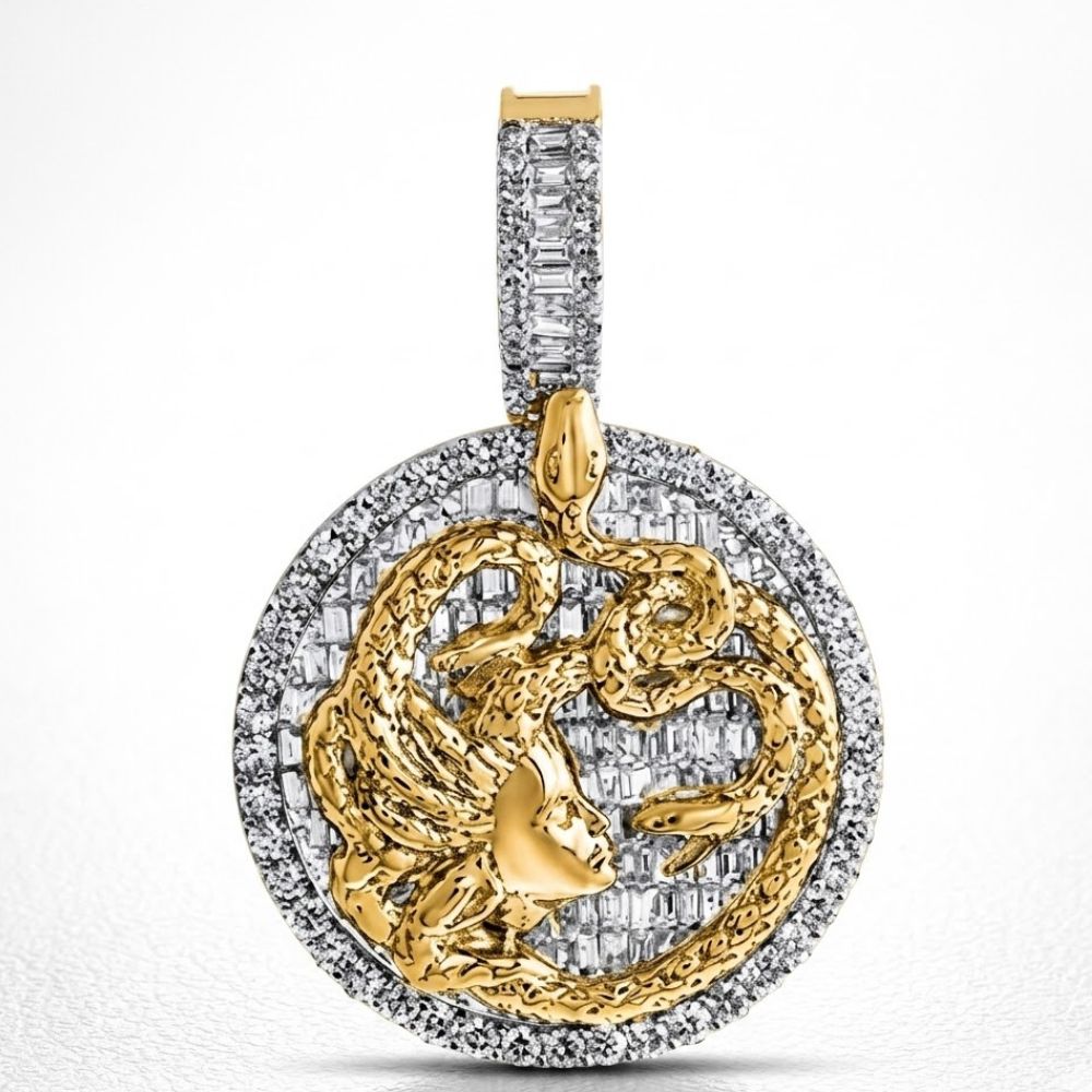 The 10K Gold Baguette Diamond Medusa Snake Charm pendant showcases a woman's face entwined with a dragon, set in sparkling silver and 2.75 CTW diamonds, with a baguette diamond-encrusted bail for added elegance.