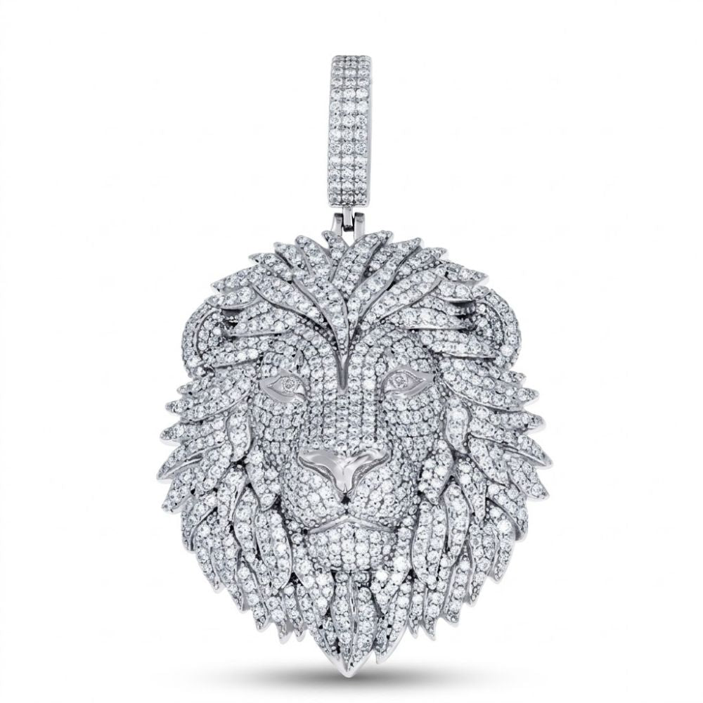 The Sterling Silver Men’s Moissanite Lion Head Pendant showcases detailed facial features and a textured mane, with a moissanite-studded loop—an eye-catching Leo zodiac piece set against a plain white background.