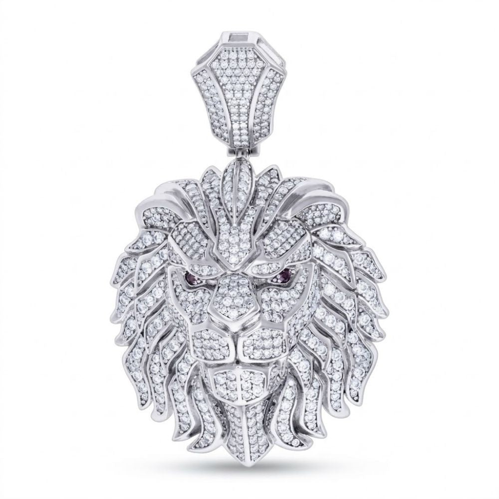 The Sterling Silver Leo Lion Head Pendant for Men features a 925 silver design with sparkling clear stones, moissanite-accented mane and face, two darker eye stones, and a polished silver finish.