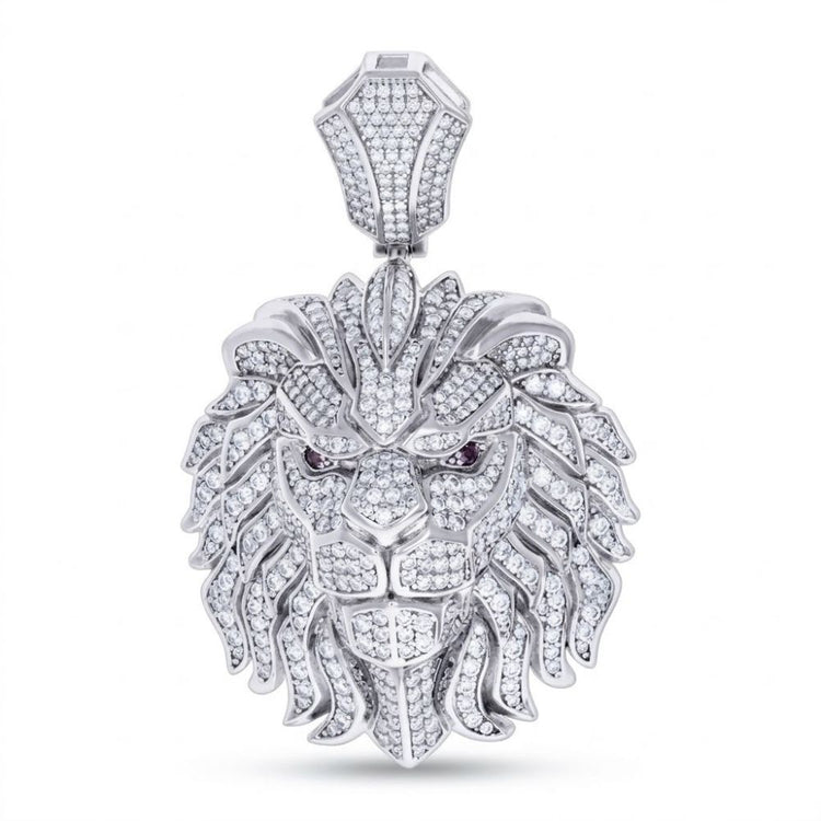 The Sterling Silver Leo Lion Head Pendant for Men features a 925 silver design with sparkling clear stones, moissanite-accented mane and face, two darker eye stones, and a polished silver finish.