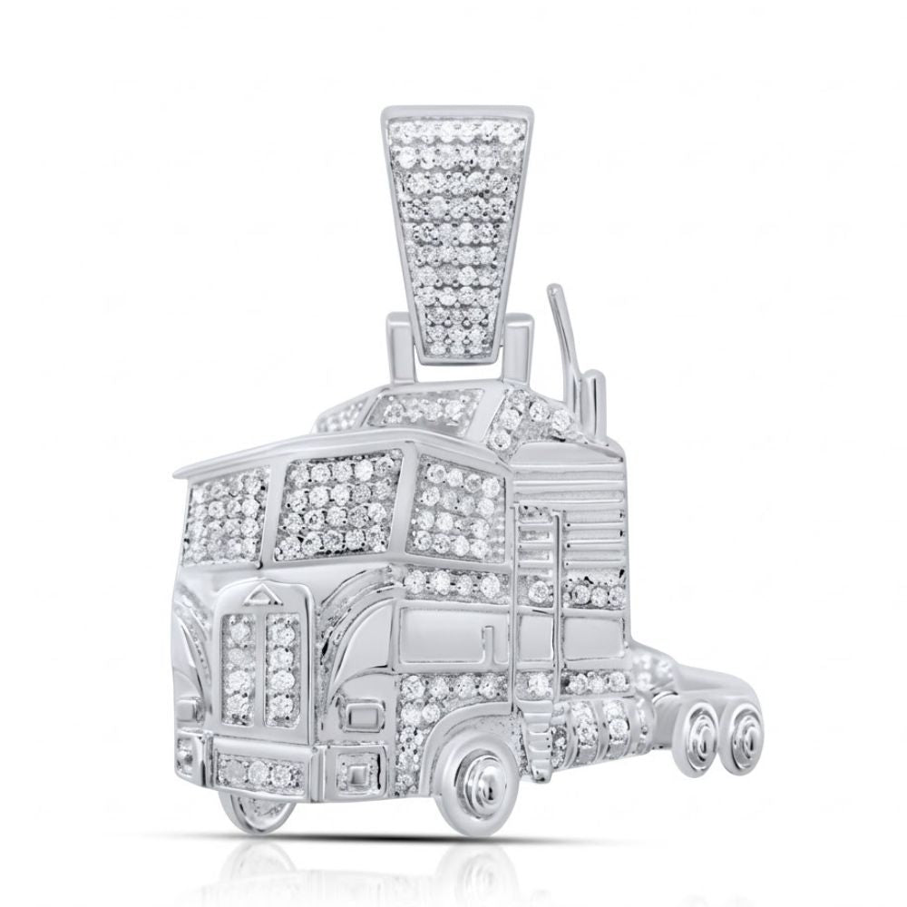 The Sterling Silver Diamond Truck Charm 3/8CTW features sparkling clear stones, detailed wheels, headlights, and windows—a standout men’s charm shaped like a truck against a plain white background.
