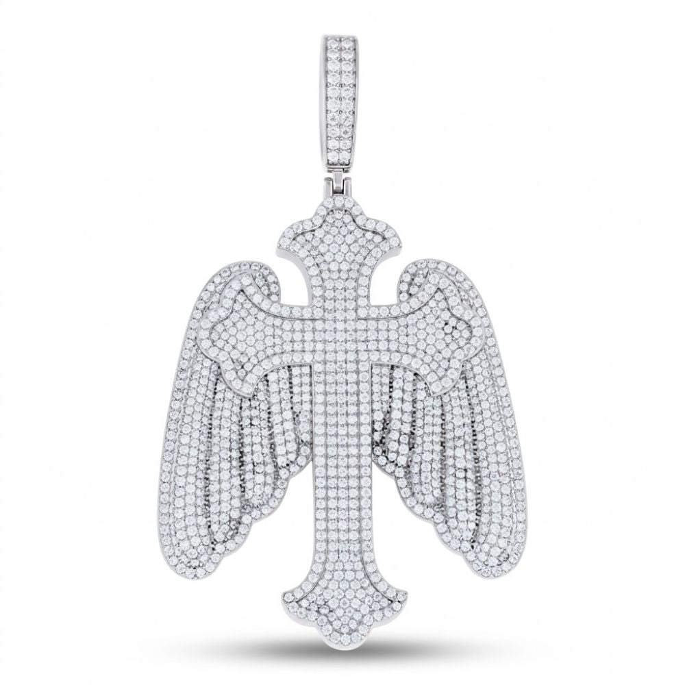 The Sterling Silver Moissanite Wings Cross Pendant features twin angel wings and sparkling white gemstones, making it an elegant and striking men's religious jewelry piece.