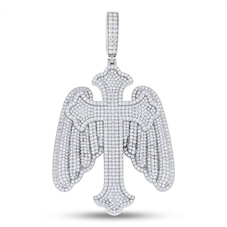 The Sterling Silver Moissanite Wings Cross Pendant features twin angel wings and sparkling white gemstones, making it an elegant and striking men's religious jewelry piece.