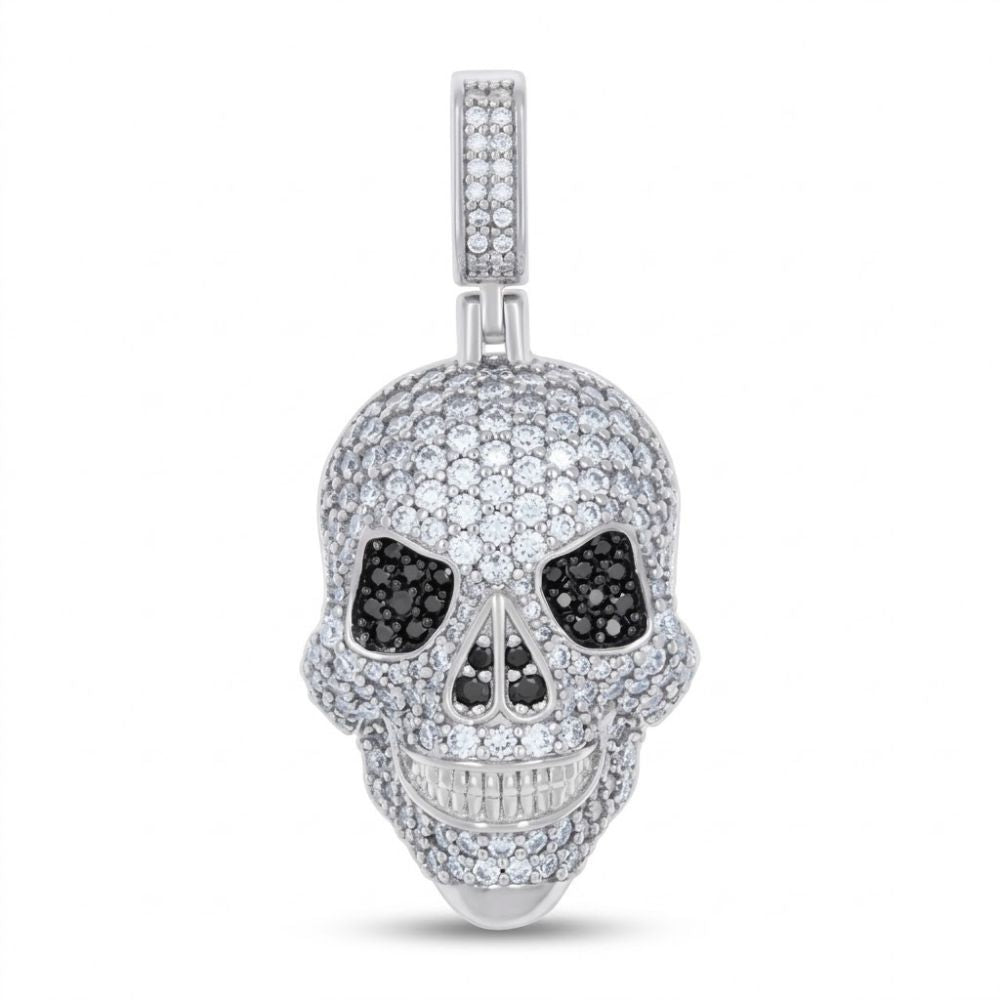 The Sterling Silver Black White Moissanite Skull Pendant features sparkling moissanite stones with black accents for the eyes and nose, detailed teeth, and a bold men’s style, showcased against a plain white background.