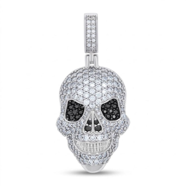 The Sterling Silver Black White Moissanite Skull Pendant features sparkling moissanite stones with black accents for the eyes and nose, detailed teeth, and a bold men’s style, showcased against a plain white background.