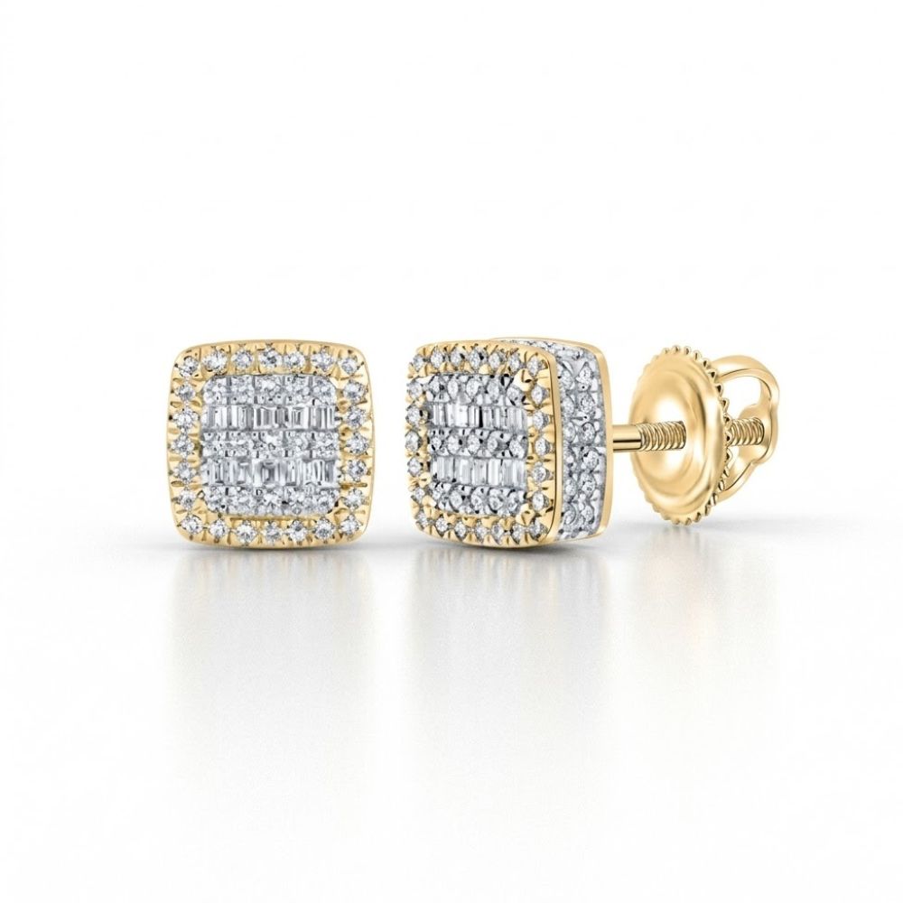 10K Yellow Gold Baguette Diamond Square Earrings featuring gold borders and multiple small diamonds in a geometric design with a secure screw-back closure, shown on a white background.