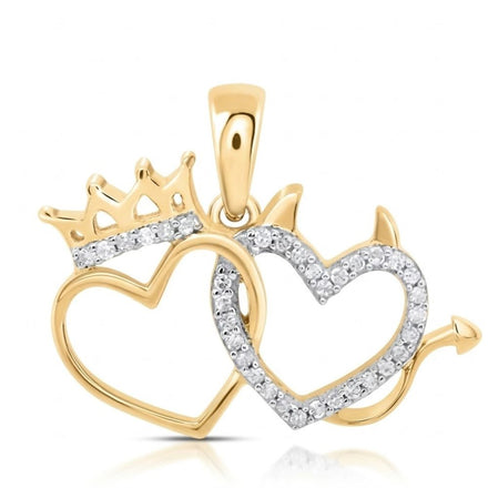 The 10K Gold Diamond Double Heart Pendant 1/6 CT features two intertwined hearts—one crowned, one with devil horns and tail—adorned with sparkling stones for a bold, striking look.