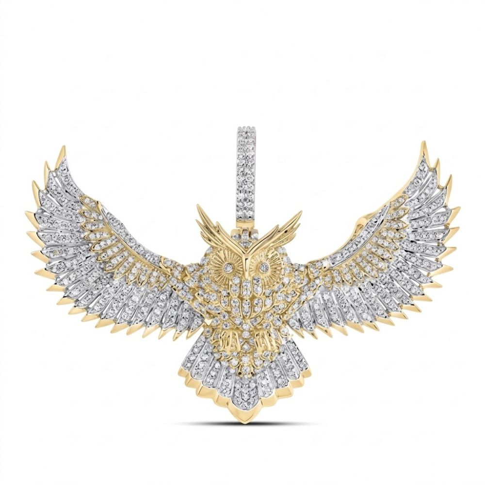 The Diamond Owl Pendant 1-1/4 CTTW 10K Gold features outstretched wings adorned with sparkling diamonds, beautifully showcased on a white background.