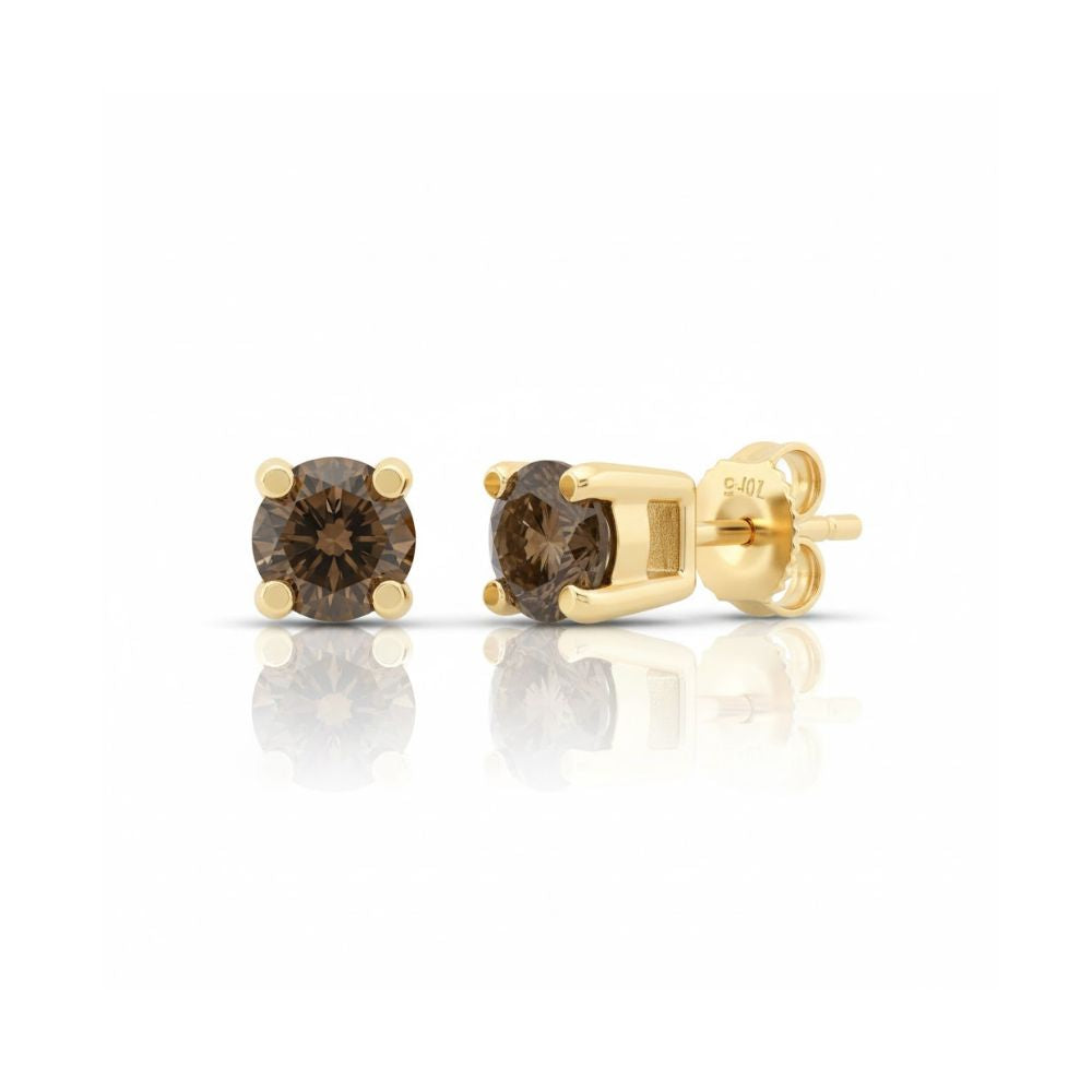 1/4CTW round brown diamond solitaire stud earrings in 10K yellow gold, shown in four-prong settings from the front and side on a white background with a subtle reflection.
