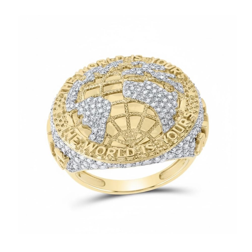 The 1 3/8CTW Diamond Men’s Ring in 10k yellow gold features a raised globe motif, natural diamond accents, and “THE WORLD IS YOURS” engraved around the top edge.