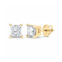 14k Yellow Gold Princess Diamond Solitaire Earrings 1CTTW close-up detail - GOLDZENN