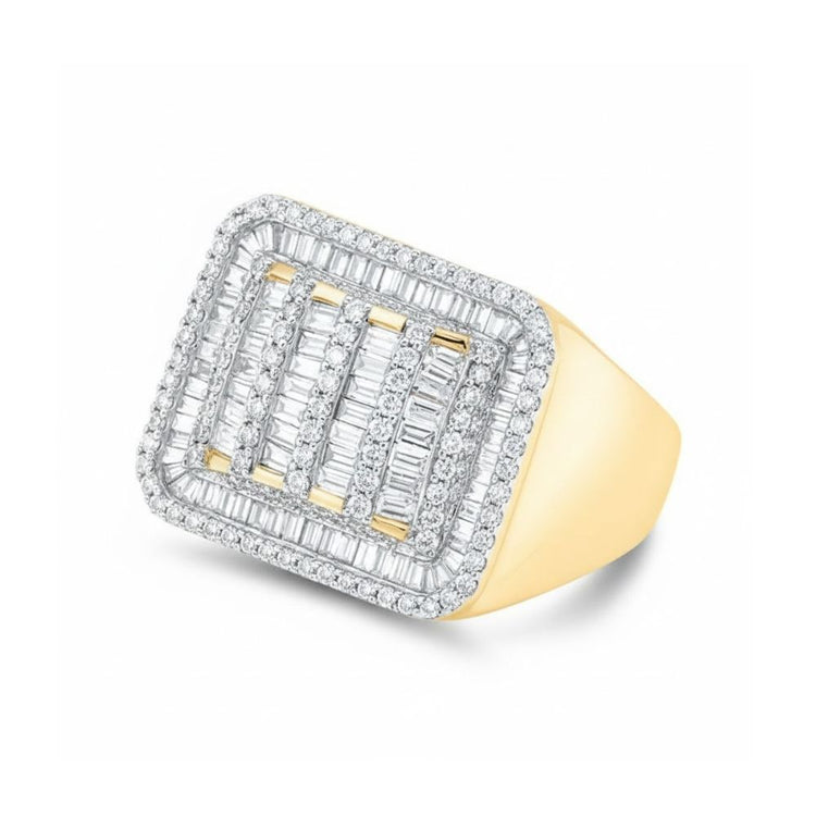 Make a statement with the 10k Yellow Gold Baguette Diamond Rectangle Ring, showcasing a bold rectangular face set with sparkling baguette and round diamonds in modern settings.