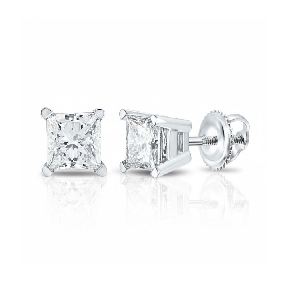 The 1CTW Princess Diamond Solitaire Stud Earrings feature princess-cut diamonds set in four-prong 14k white gold mountings with secure screw-back posts, displayed against a white background.