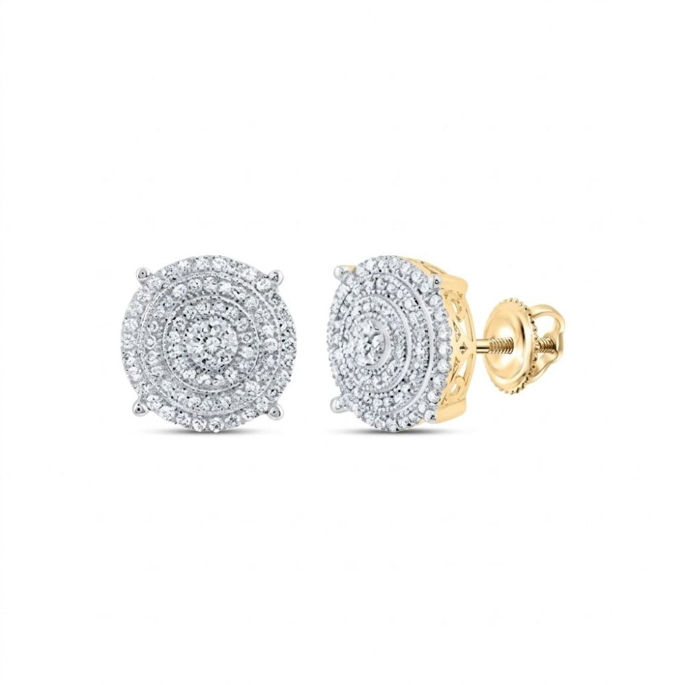 The 1/2 CTW Diamond Men’s Earring in 10K yellow gold showcases natural round cluster studs with secure screw-back posts, displayed against a white background.