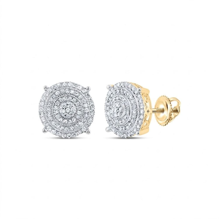 The 1/2 CTW Diamond Men’s Earring in 10K yellow gold showcases natural round cluster studs with secure screw-back posts, displayed against a white background.