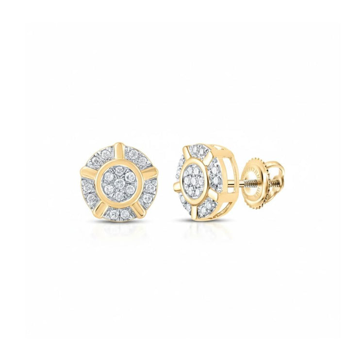 10k Yellow Gold Round Diamond Cluster Earrings close-up detail - GOLDZENN