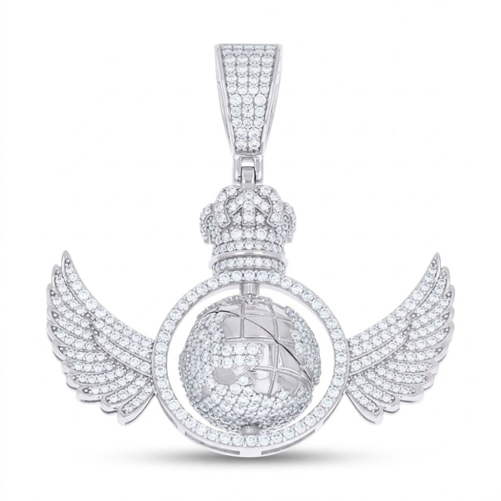 The Sterling Silver Moissanite Rotating Globe Pendant showcases a crown-topped globe with two rotating wing charms on each side, all set against a white background and featuring sparkling moissanite accents.