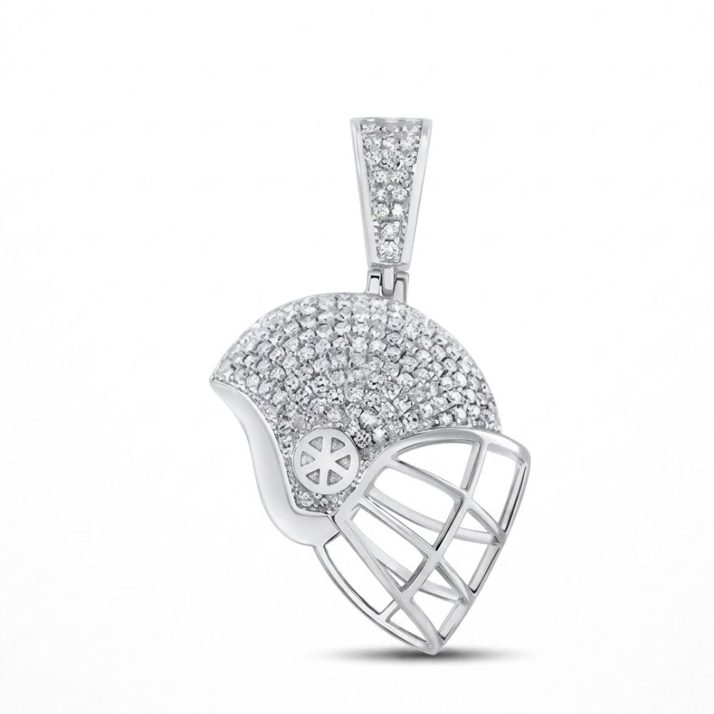 The Sterling Silver Diamond Helmet Pendant 3/4 CTW features an American football helmet design, sparkling with clear diamonds and detailed faceguard lines—perfect for sports fans. Shown on a simple white background.