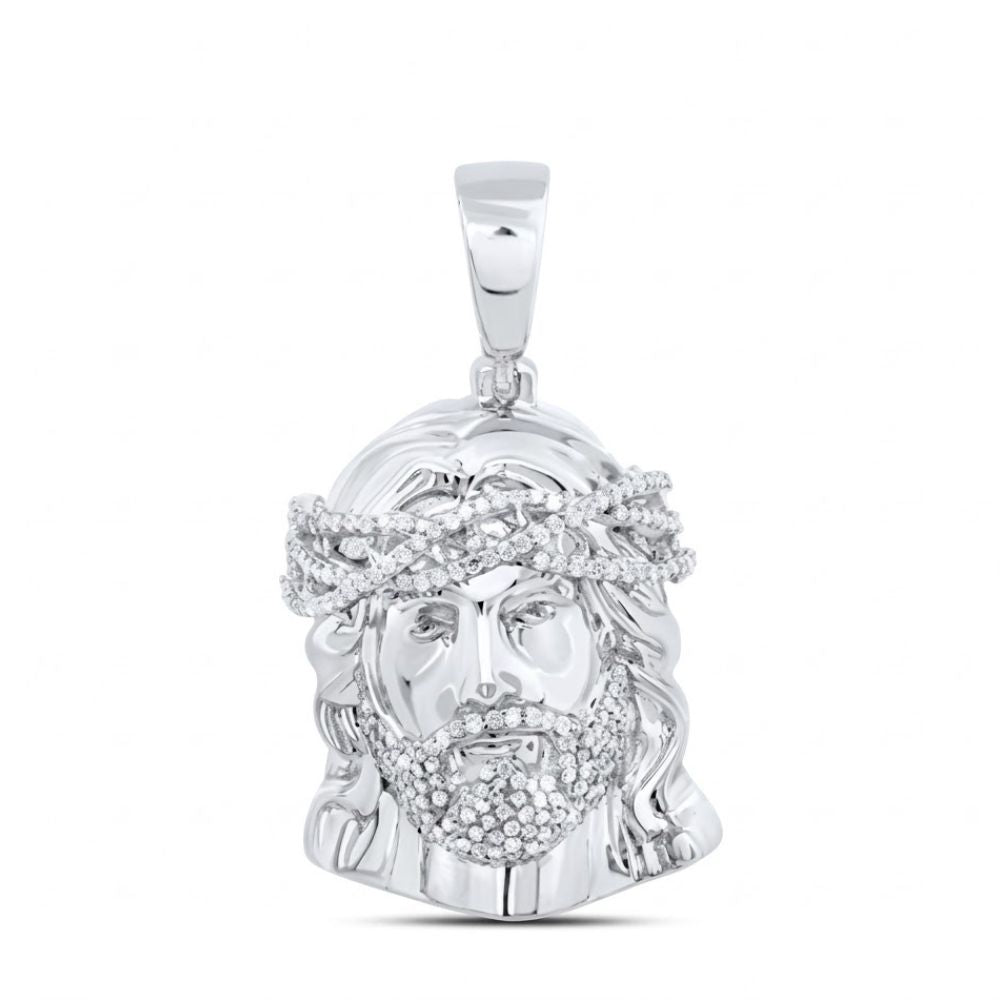 Diamond Jesus Face Charm 3/4CT in Sterling Silver, featuring a bearded face with long hair and crown of thorns, accented with sparkling stones. A striking men's pendant displayed on a plain white background.