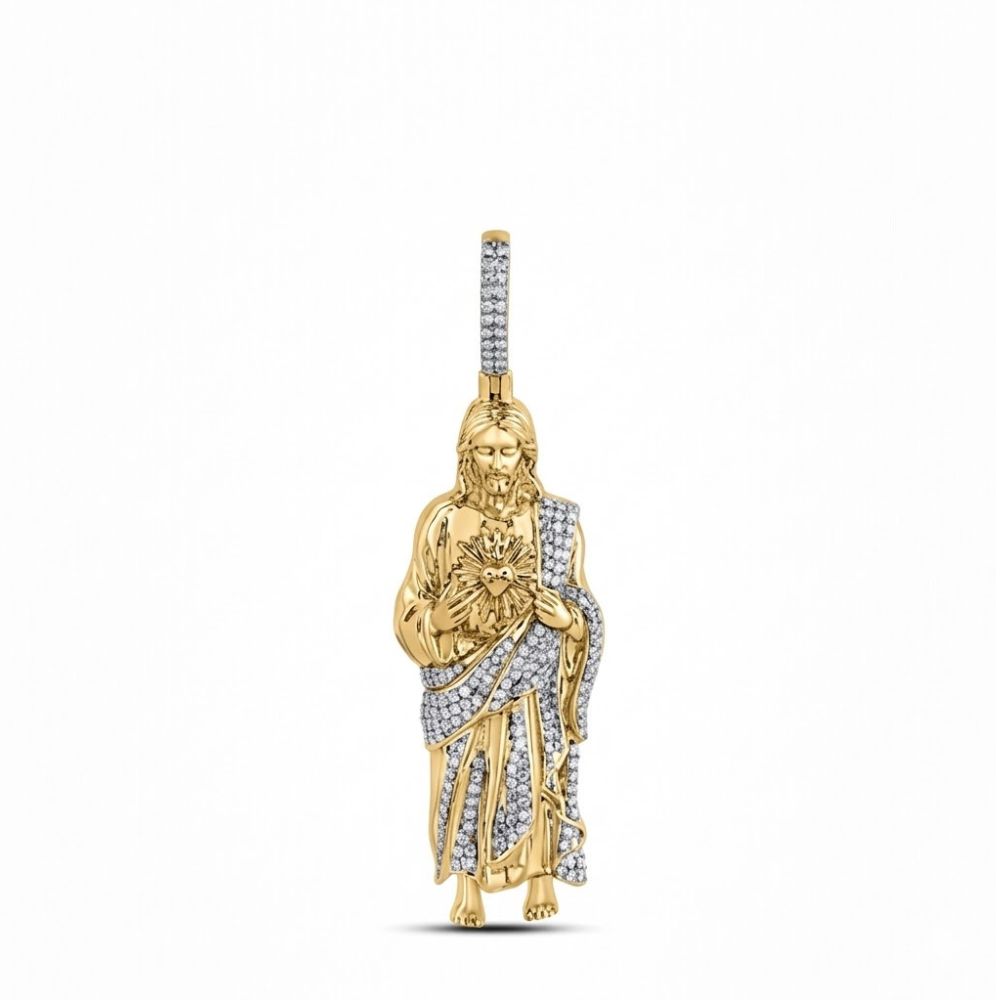 The 1CTW Natural Diamond Jesus Mens Charm in 10K gold features a religious figure holding a heart, dressed in a jeweled robe, set with natural diamonds against a plain white background.
