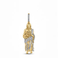 The 1CTW Natural Diamond Jesus Mens Charm in 10K gold features a religious figure holding a heart, dressed in a jeweled robe, set with natural diamonds against a plain white background.