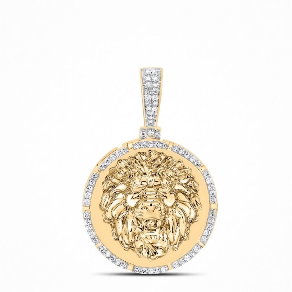The Diamond Lion Face Charm 1/4CT 10K Gold features a detailed lion head in yellow gold, accented with sparkling white stones around the border and on the bail, creating a bold men's pendant.