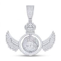 The Sterling Silver Moissanite Rotating Globe Pendant showcases a crown-topped globe with two rotating wing charms on each side, all set against a white background and featuring sparkling moissanite accents.