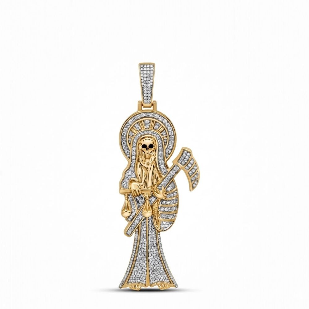 1-3/4CTW natural diamond Santa Muerte charm in 10K yellow gold, featuring a robed skeleton with scythe and halo motif—an exquisite men's pendant shown against a plain white background.